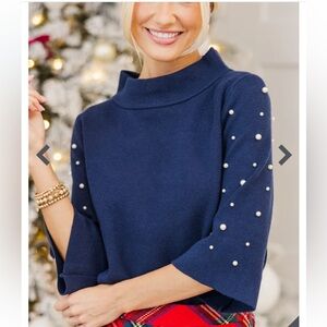 NWOT Just A Feeling Navy Embellished Mock Neck Sweater Size small